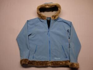 Marmot Jacket Womens 1X Blue Softshell Hooded Faux Fur Trim Winter Warm Coat